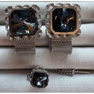 Dante Cufflinks And Tie Tack Rivoli  Rhinestone Blue Wrap Around Silver Tone